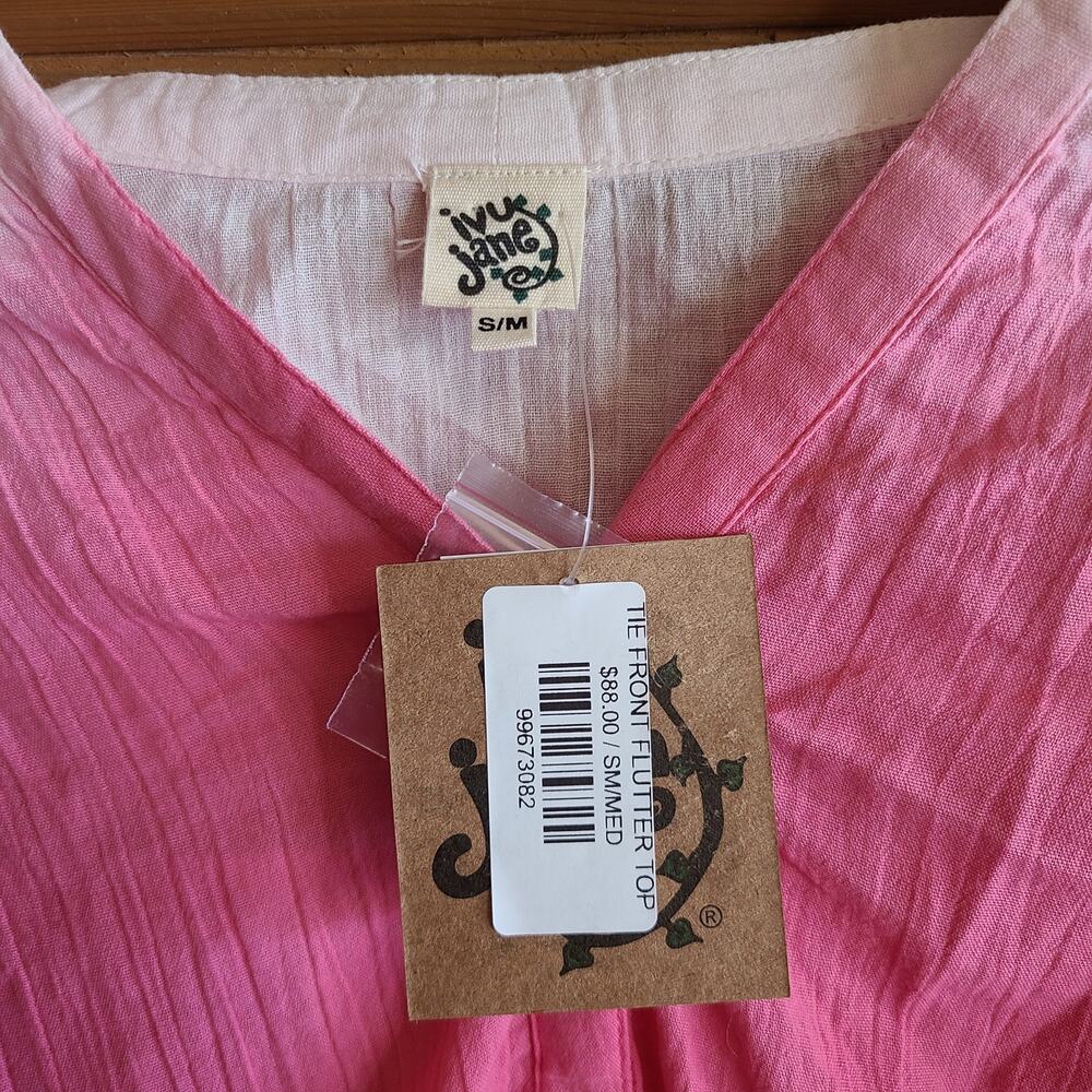 Ivy Jane Top Flutter Blouse NWT Ombre Pink Tie Front S/M Flowy Sleeve Button - Picture 3 of 5